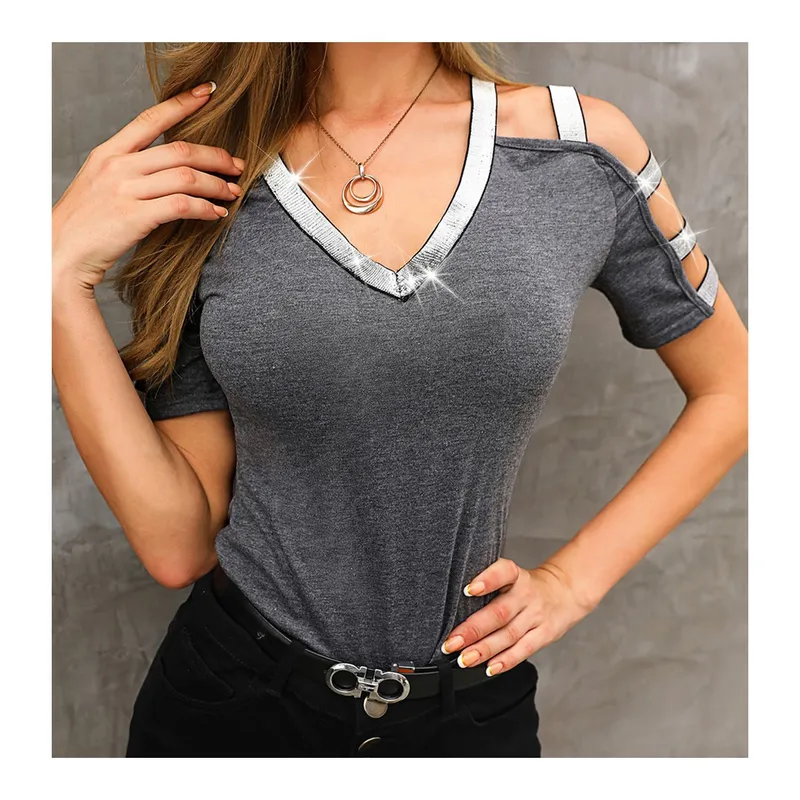 42AROZINA - Camiseta de mujer con cuello en V manga corta y hombros descubiertos