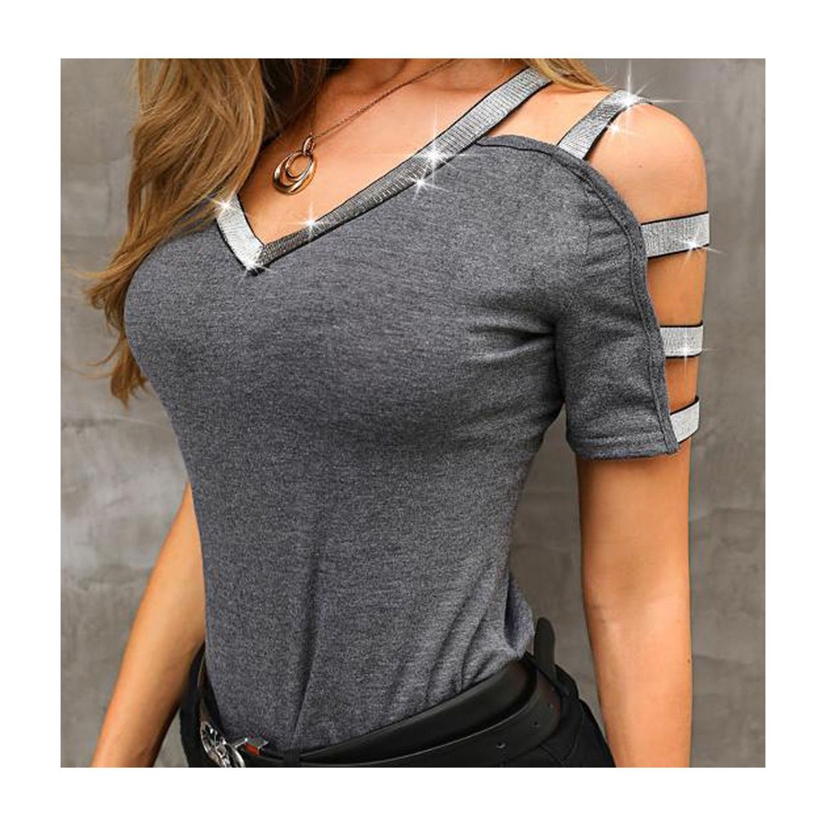 42AROZINA - Camiseta de mujer con cuello en V manga corta y hombros descubiertos