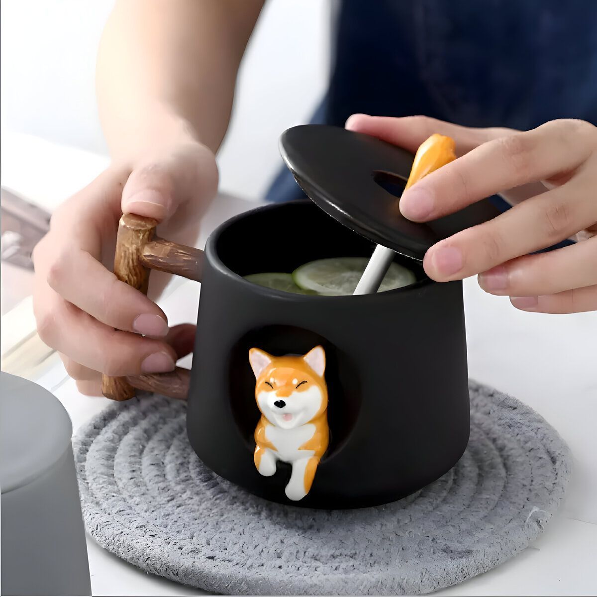 ELMEJORPRECIO - Juego De Taza Con Cuchara Modelo Shiba Negro