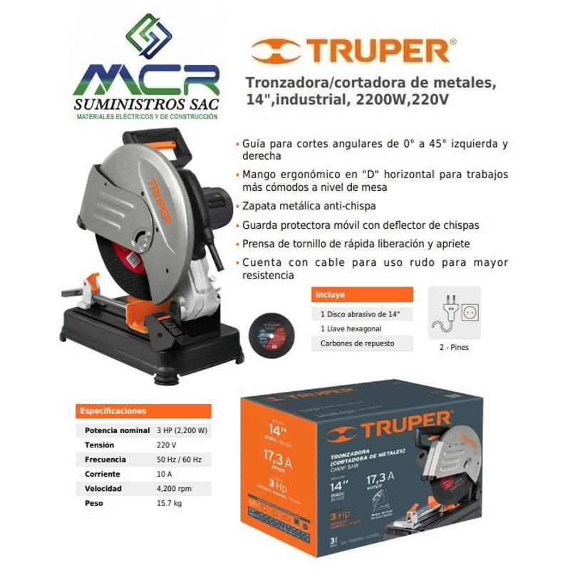 TRUPER - Tronzadora cortadora de metales 14 industrial 2200W 220V TRUPER