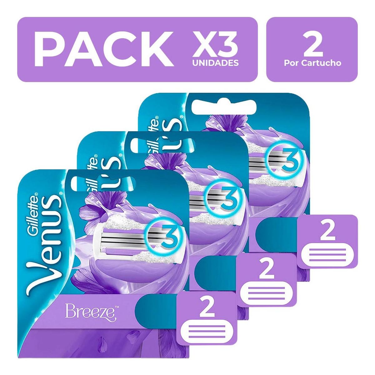 GILLETTE - Pack x3 Cartuchos para Afeitar Gillette Venus Breeze 2 un