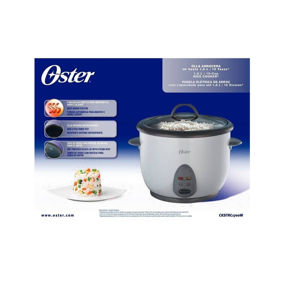 OSTER - Arrocera CKSTRC1700W 18L Antiadherente Blanco