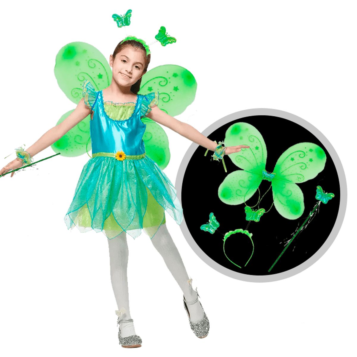 GENERICO - Pack alitas  Mariposa Ala +Diadema +Varita Verde