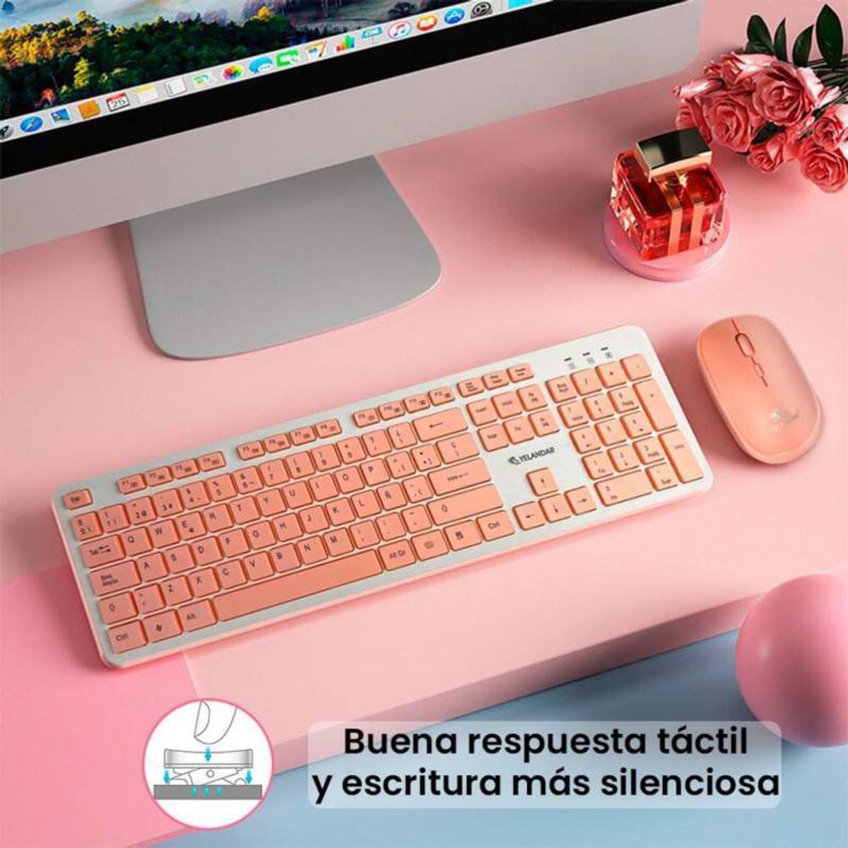 GENERICO - KIT TECLADO Y MOUSE  INALAMBRICO YELANDAR W3400 ROSADO