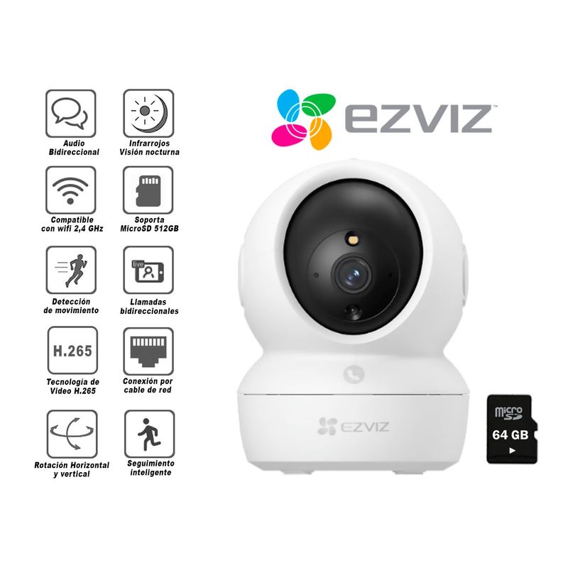 EZVIZ - Cámara Wifi H6C PRO Full Hd Ezviz Gira 360° Boton Llamada + Micro SD 64Gb
