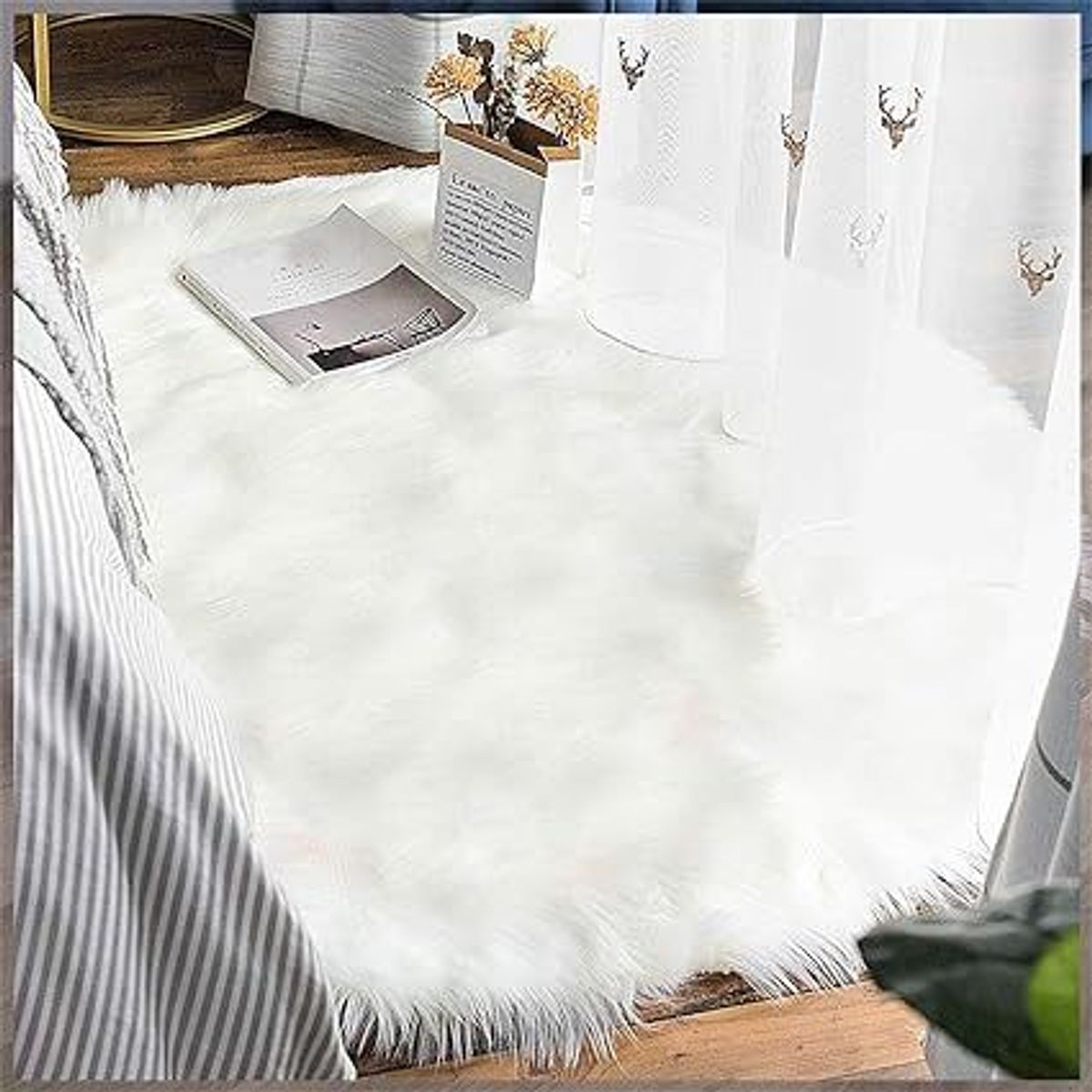 GENERICO - ALFOMBRA  CIRCULAR DE PELUCHE PELO LARGO BLANCO ANGORA