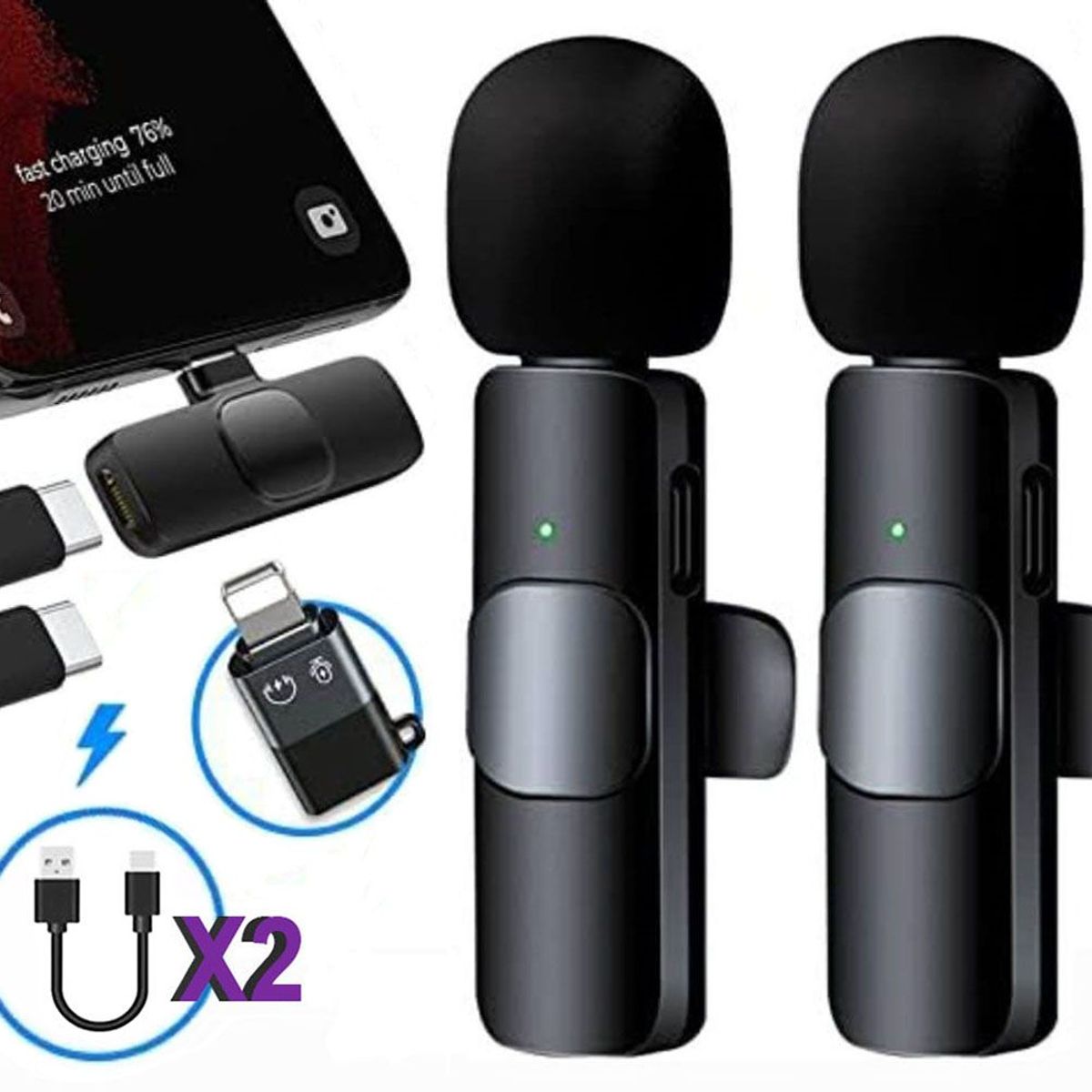 OEM - Micrófonos Inalámbricos 2 en 1 K9 Tipo C con adaptador IOS y doble cable de carga