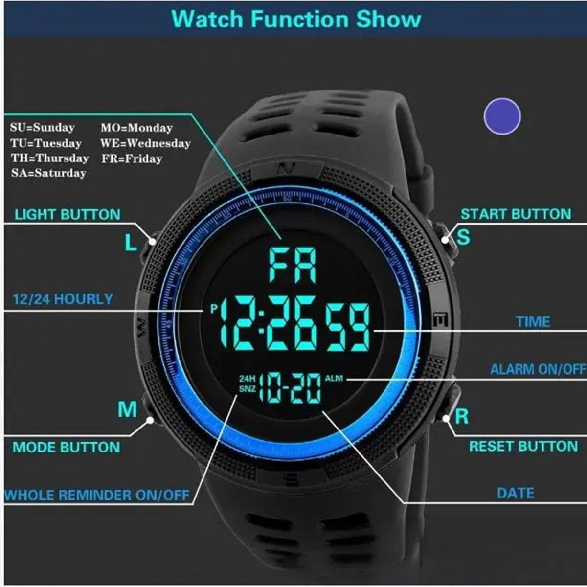 GENERICO - Reloj Digital Negro-Azul Hombre  Deportivo Navidad Genieka