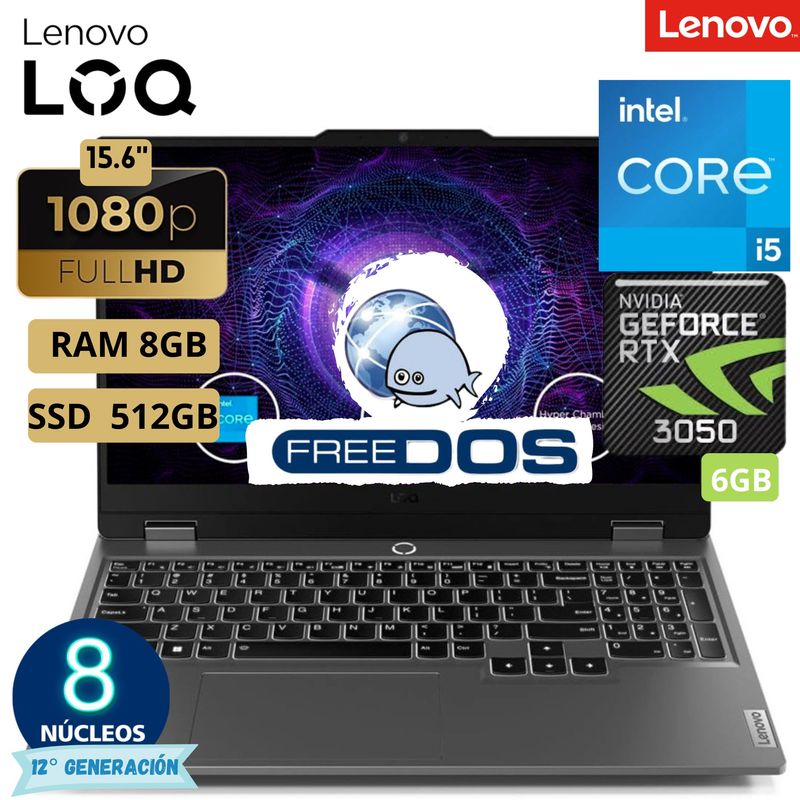 LENOVO - Laptop Lenovo Loq 15Iax9 Core I5 15.6"Fhd, Ram 8Gb, Ssd 512Gb,  Free Dos, Luna Grey