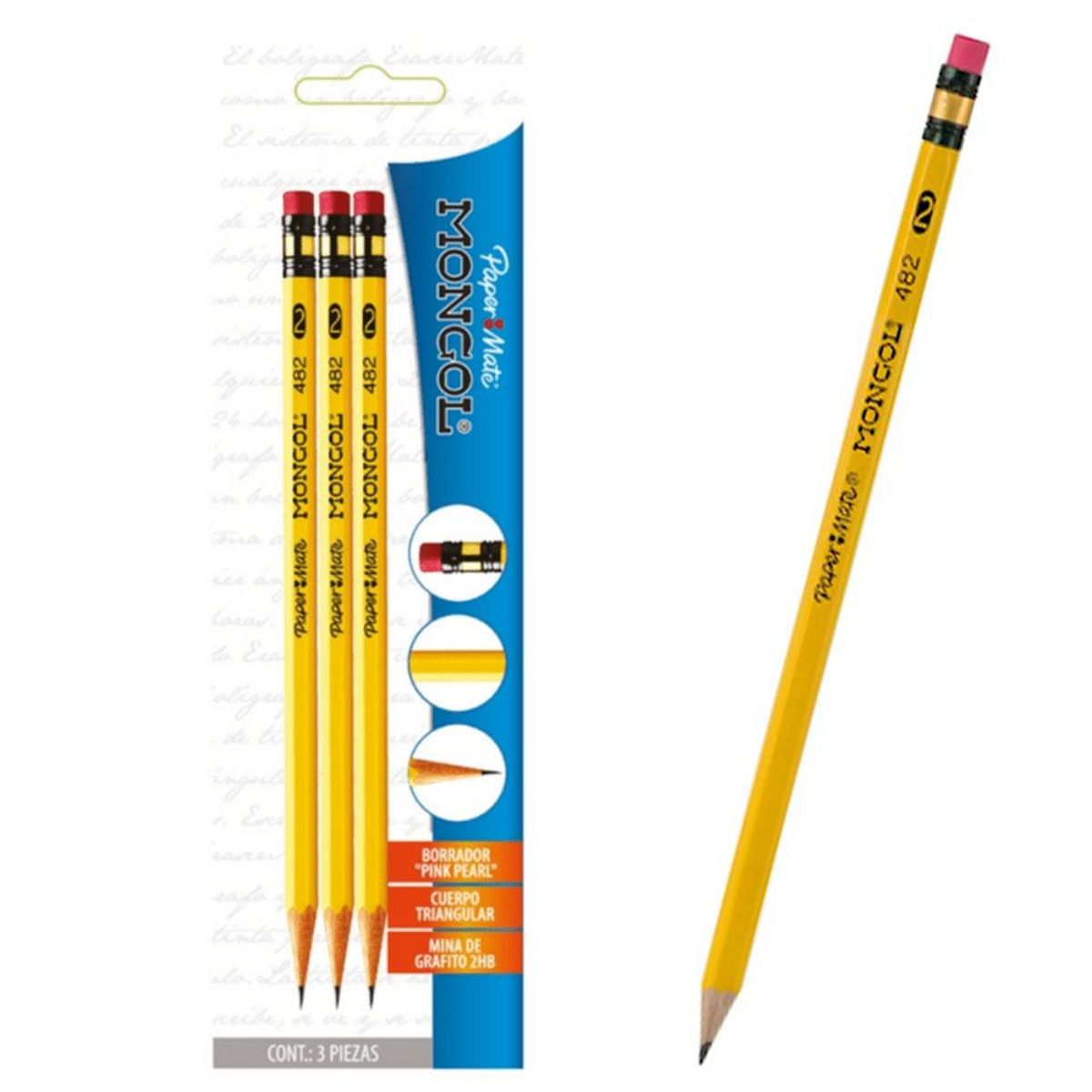 PAPER MATE - Lápiz Grafito Triangular N°2 Hb Mongol Blister 3unidades