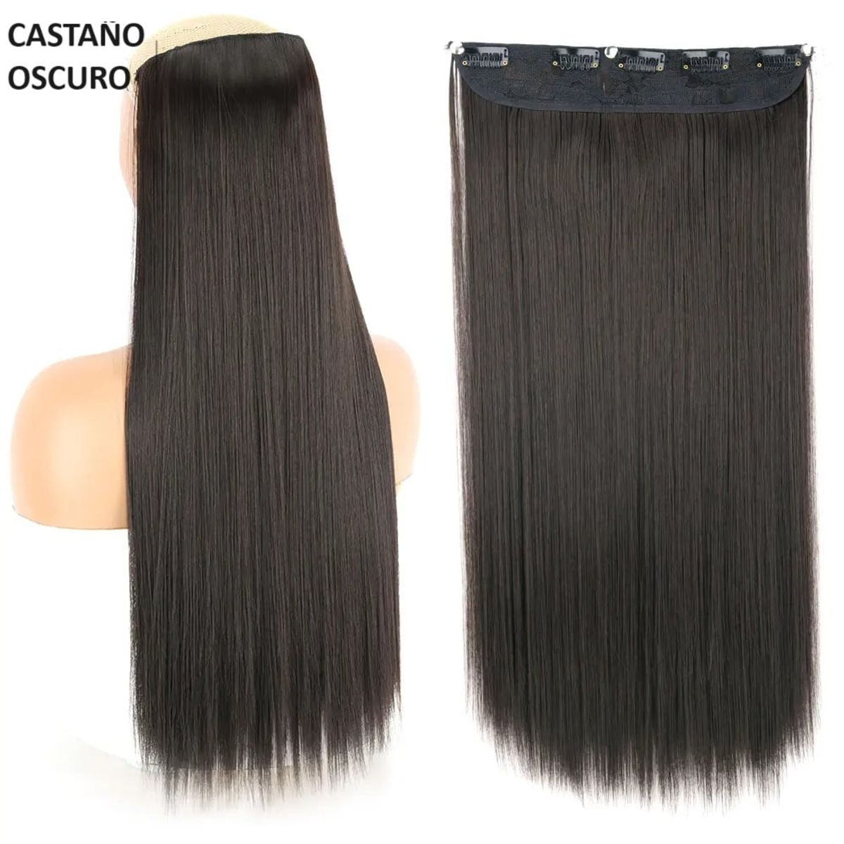 GENERICO - Extensiones de Cabello con Clips Largo 55cm Castaño Oscuro Genieka