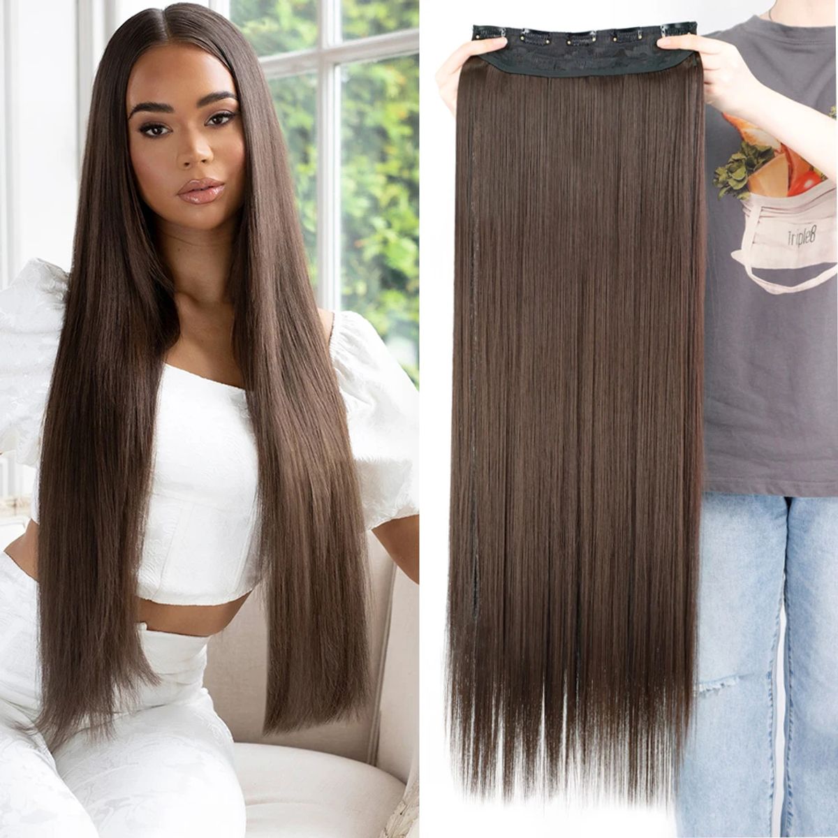 GENERICO - Extensiones de Cabello con Clips Largo 55cm Castaño Oscuro Genieka