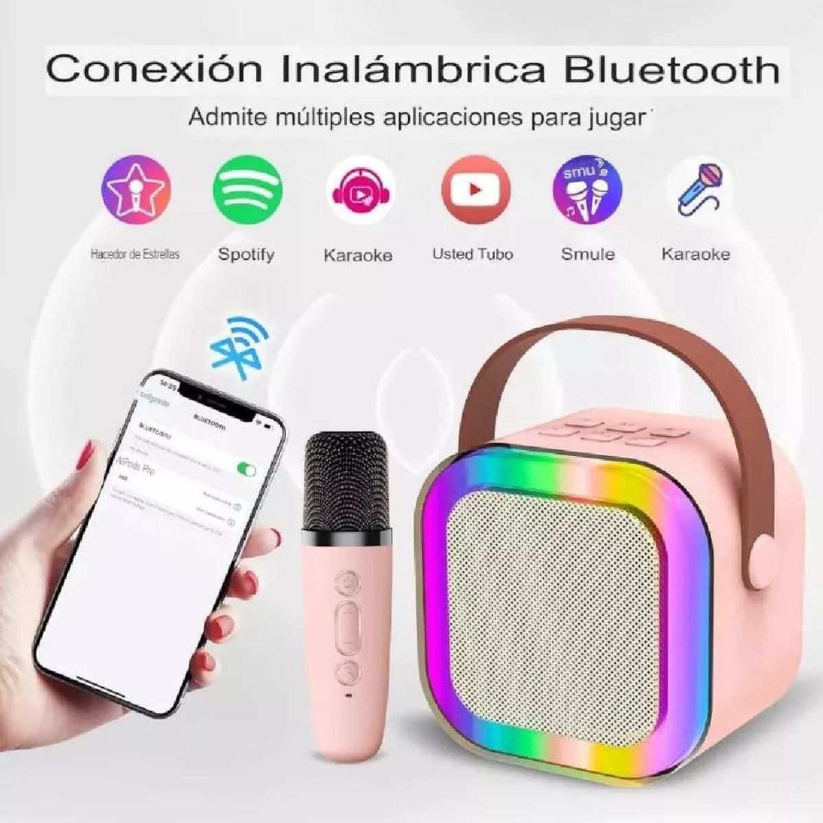 GENERICO - PARLANTE KARAOKE BLUETOOTH CON MICROFONO INALAMBRICO LUCES RGB ROSADO