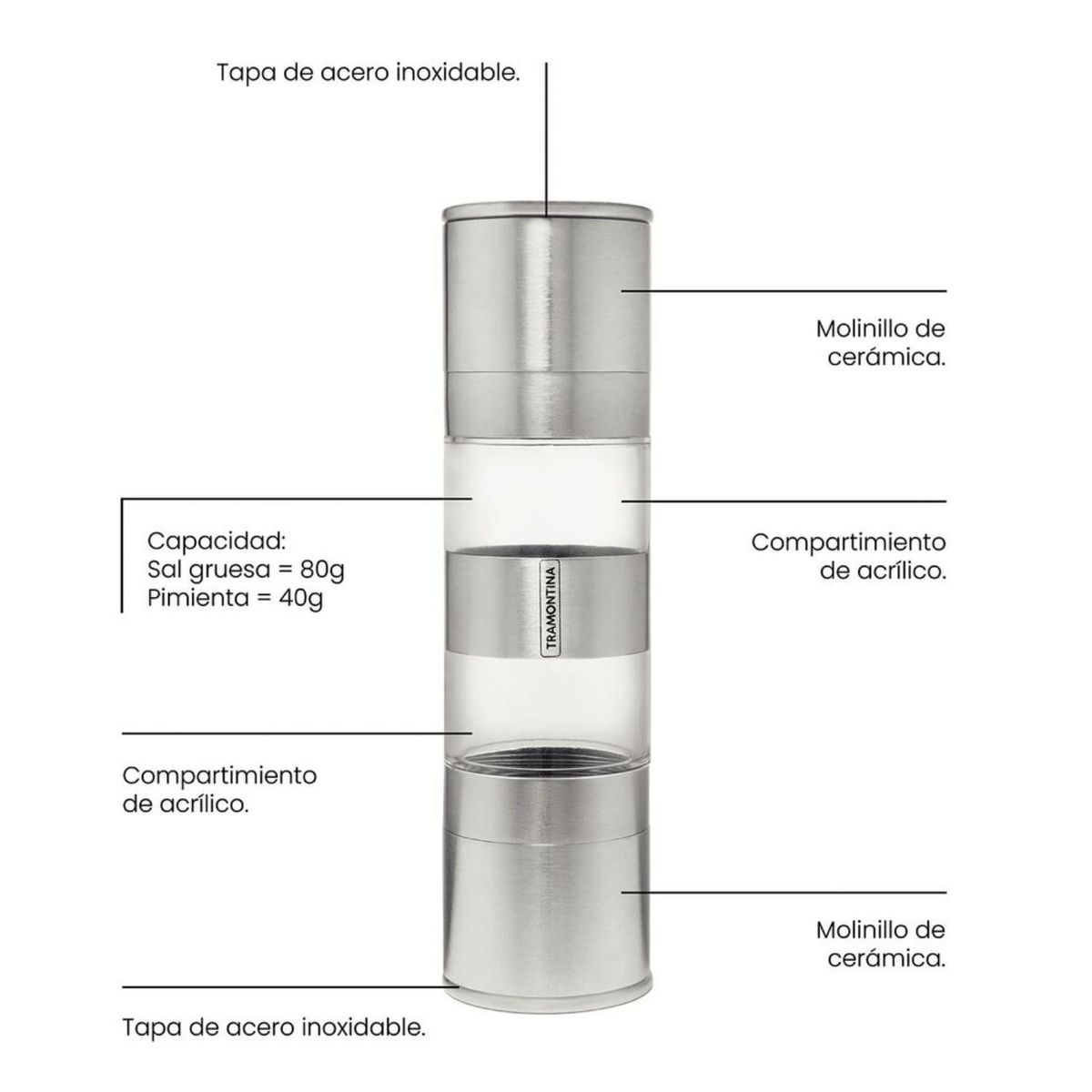 GENERICO - Molinillo de sal pimienta Tramontina Realce doble de Acero Inoxidable