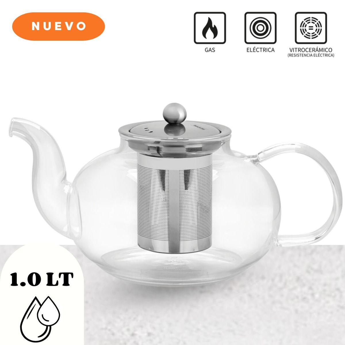 TRAMONTINA - Tetera Para Té De Vidrio Y Acero Inoxidable Infusor De 1L Tramontina