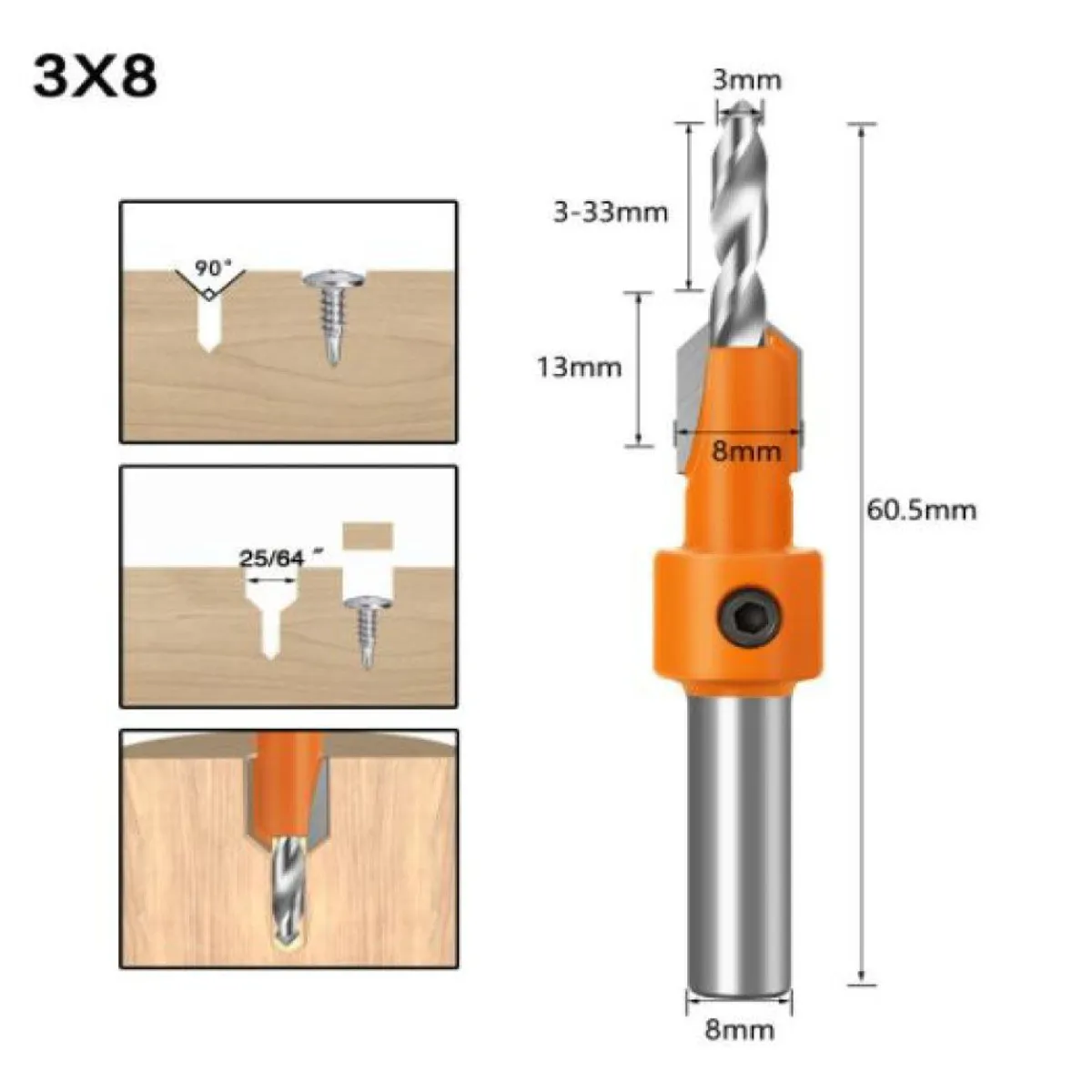 GENERICO - Avellanador para melamina o madera sólida 3 X 8MM