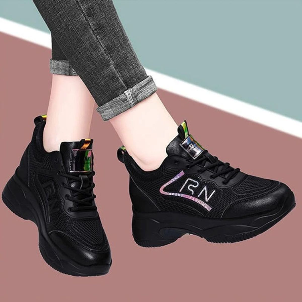 GENERICO - Zapatillas de deporte informales plataforma para mujer zapato cordones