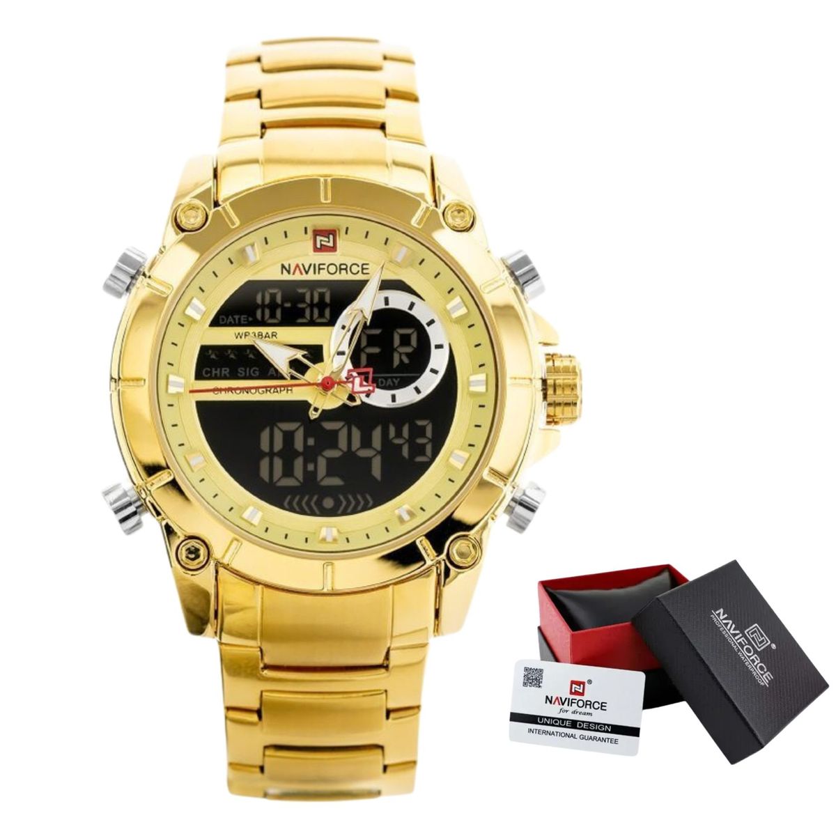 NAVIFORCE - Reloj casual dorado para hombre análogo y digital NaviForce