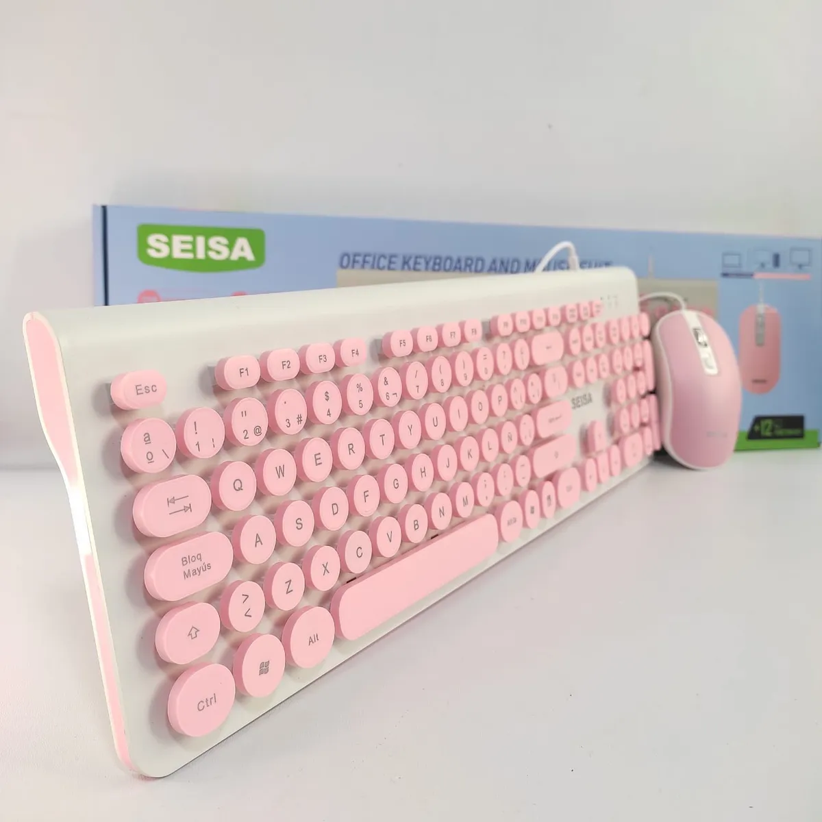 SEISA - Teclado y Mouse Rosado Blanco Alámbrico para Pc Laptop