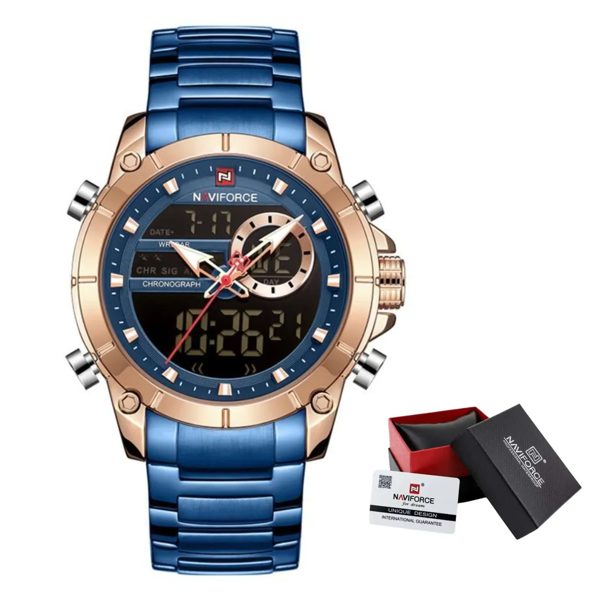 NAVIFORCE - Reloj casual y elegante Azul dorado para hombre NaviForce