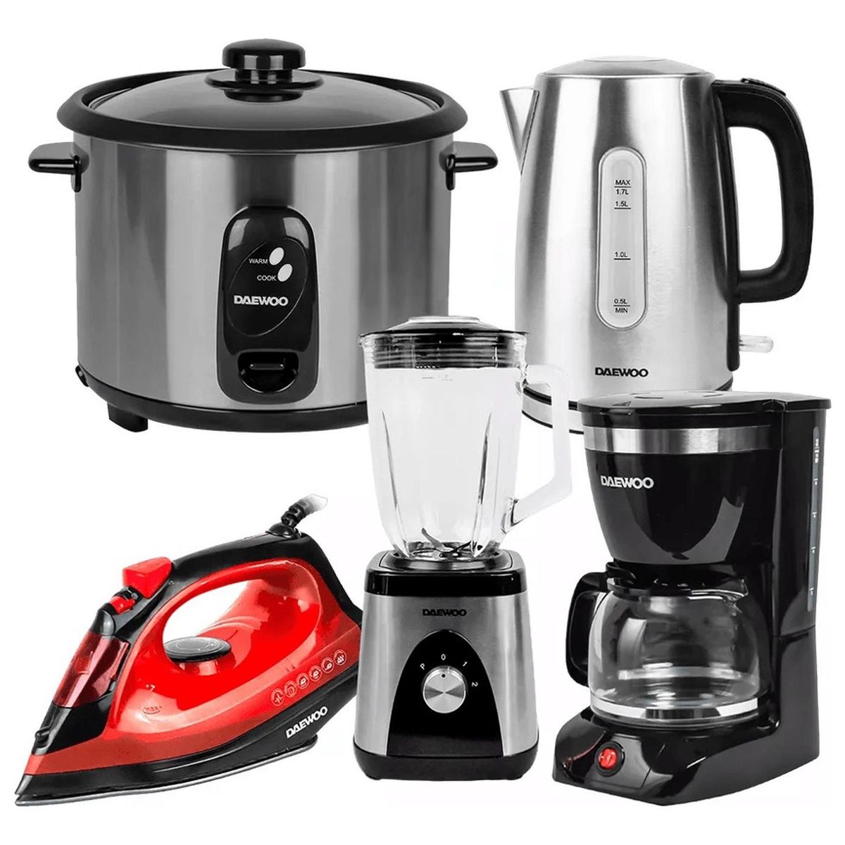 DAEWOO - Daewoo Hervidor  1.7L + Arrocera  2.8L  + Licuadora  + Plancha  + Cafetera