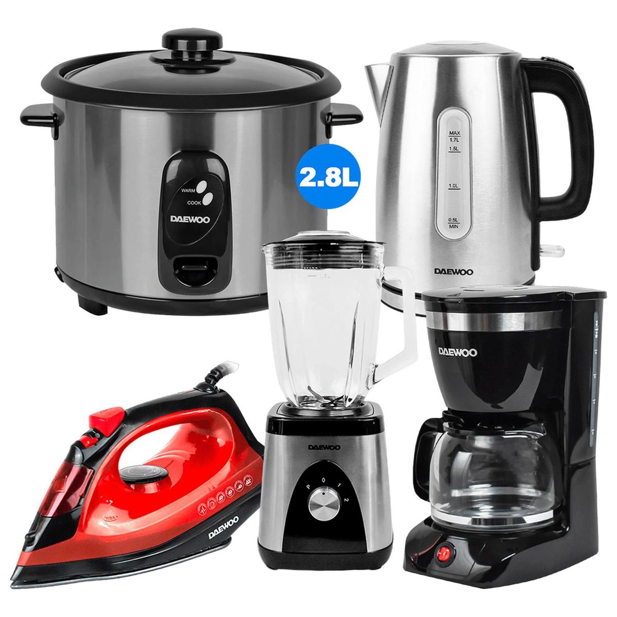 DAEWOO - Daewoo Hervidor  1.7L + Arrocera  2.8L  + Licuadora  + Plancha  + Cafetera