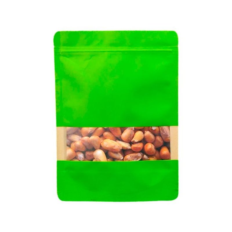 LA SEMILLITA PERUANA - 100 BOLSA KRAFT VERDE CON VENTANA TRILAMINADO CON ZIPPER, ABRE FÁCIL