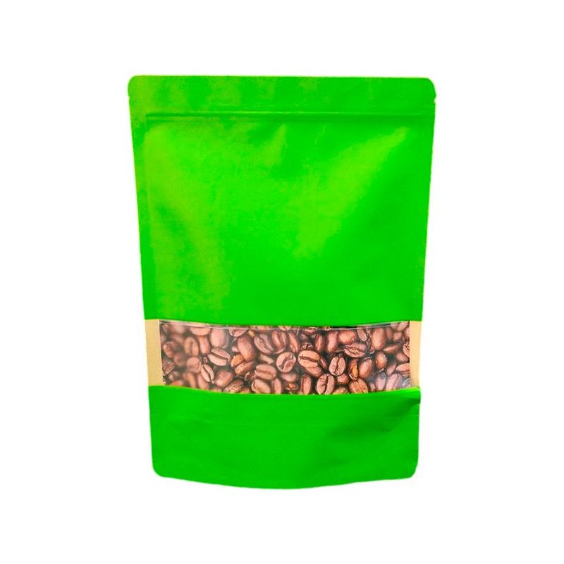 LA SEMILLITA PERUANA - 50 BOLSA KRAFT VERDE CON VENTANA TRILAMINADO CON ZIPPER, ABRE FÁCIL