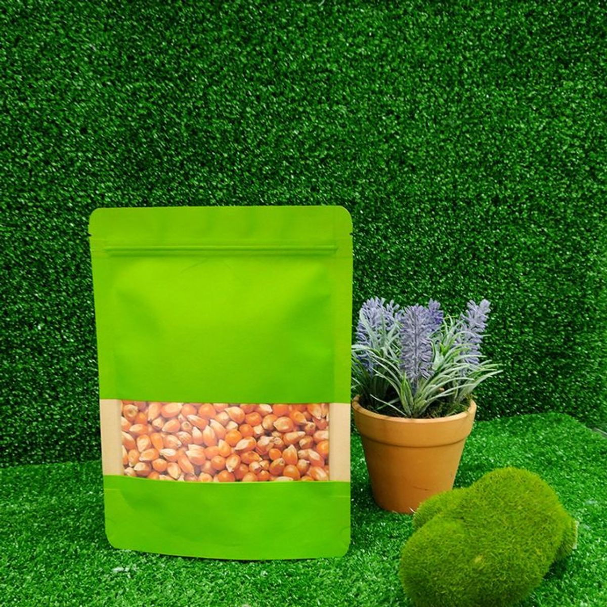 LA SEMILLITA PERUANA - 500 BOLSA KRAFT VERDE CON VENTANA TRILAMINADO CON ZIPPER, ABRE FÁCIL