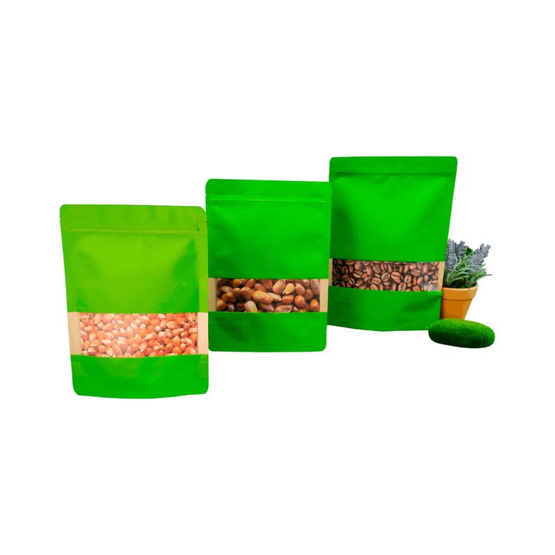 LA SEMILLITA PERUANA - 50 BOLSA KRAFT VERDE CON VENTANA TRILAMINADO CON ZIPPER, ABRE FÁCIL
