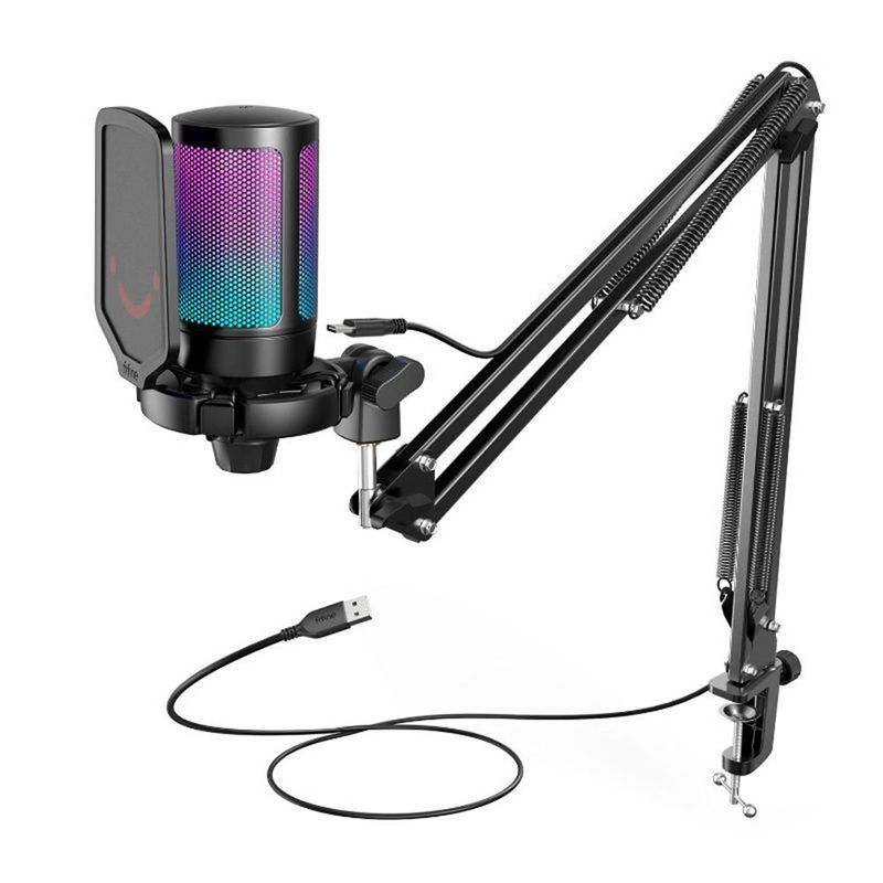 FIFINE - Micrófono A6T Fifine Ampligame RGB Condensador + Brazo - Negro