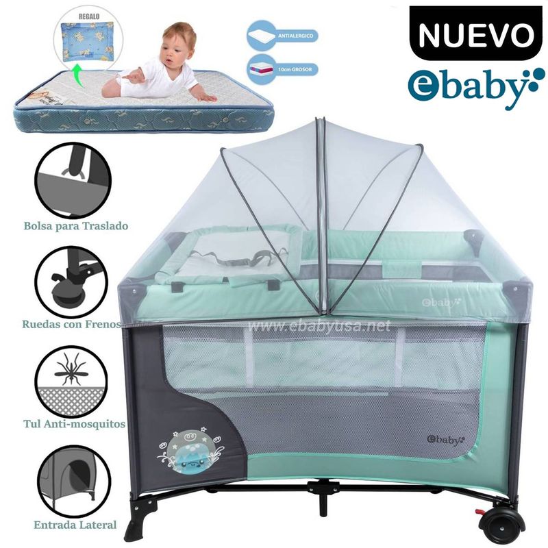 EBABY - Cuna Corral Ebaby Con Cambiador Happy Dream Verde+Colchón