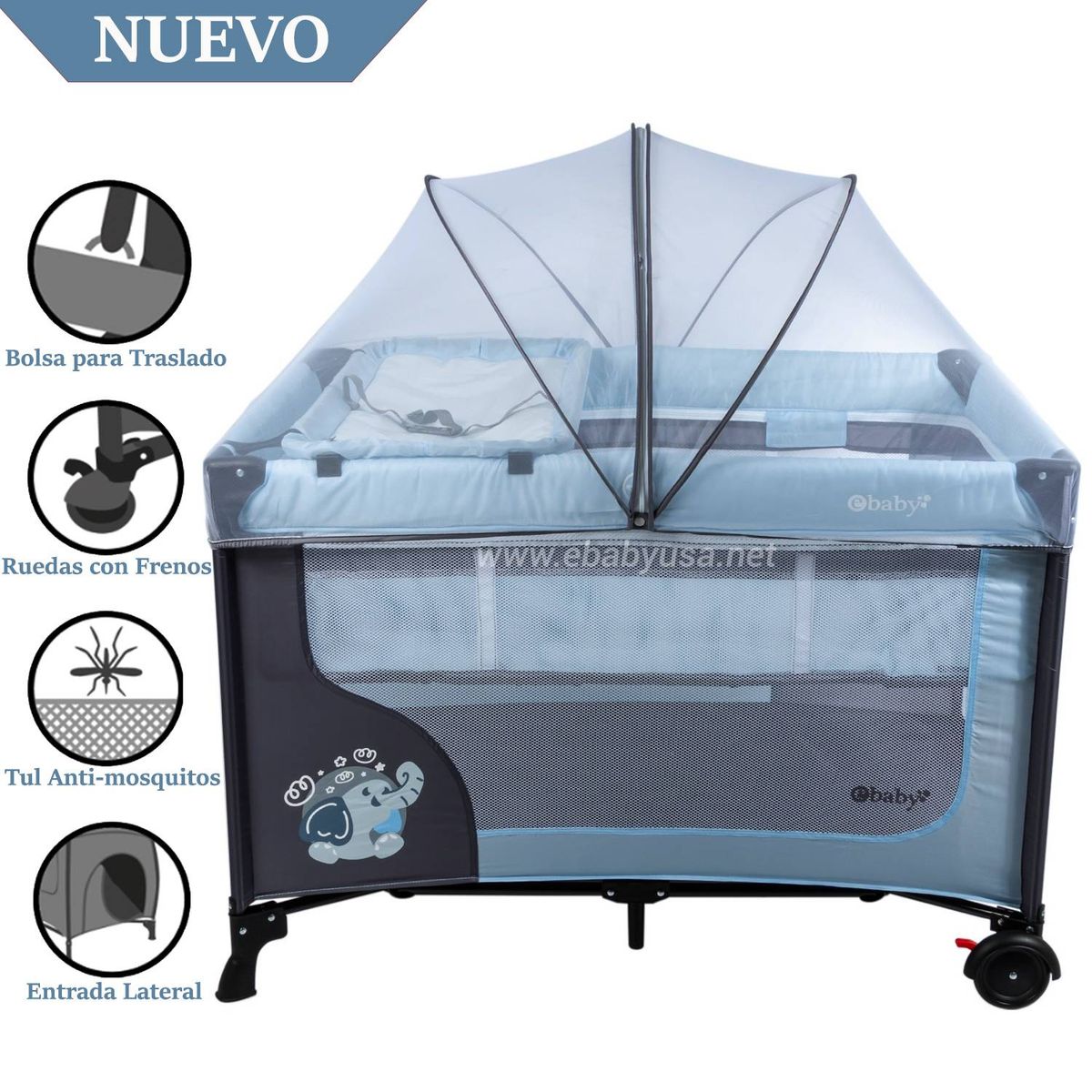EBABY - Cuna Corral Ebaby con Cambiador Happy Dream 727-2 celeste