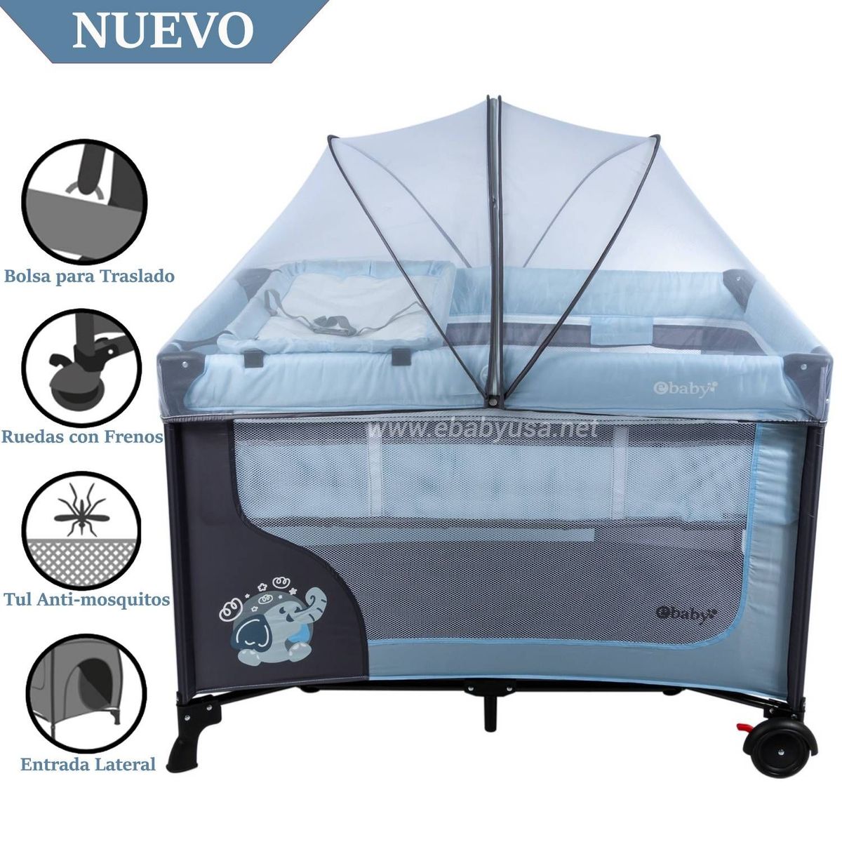 EBABY - Cuna Corral Ebaby con Cambiador Happy Dream 727-2 Celeste