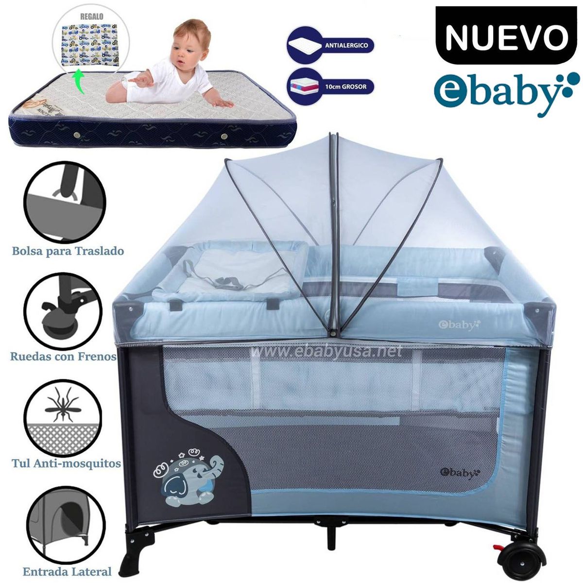 EBABY - Cuna Corral Ebaby Con Cambiador Happy Dream Celeste+Colchón
