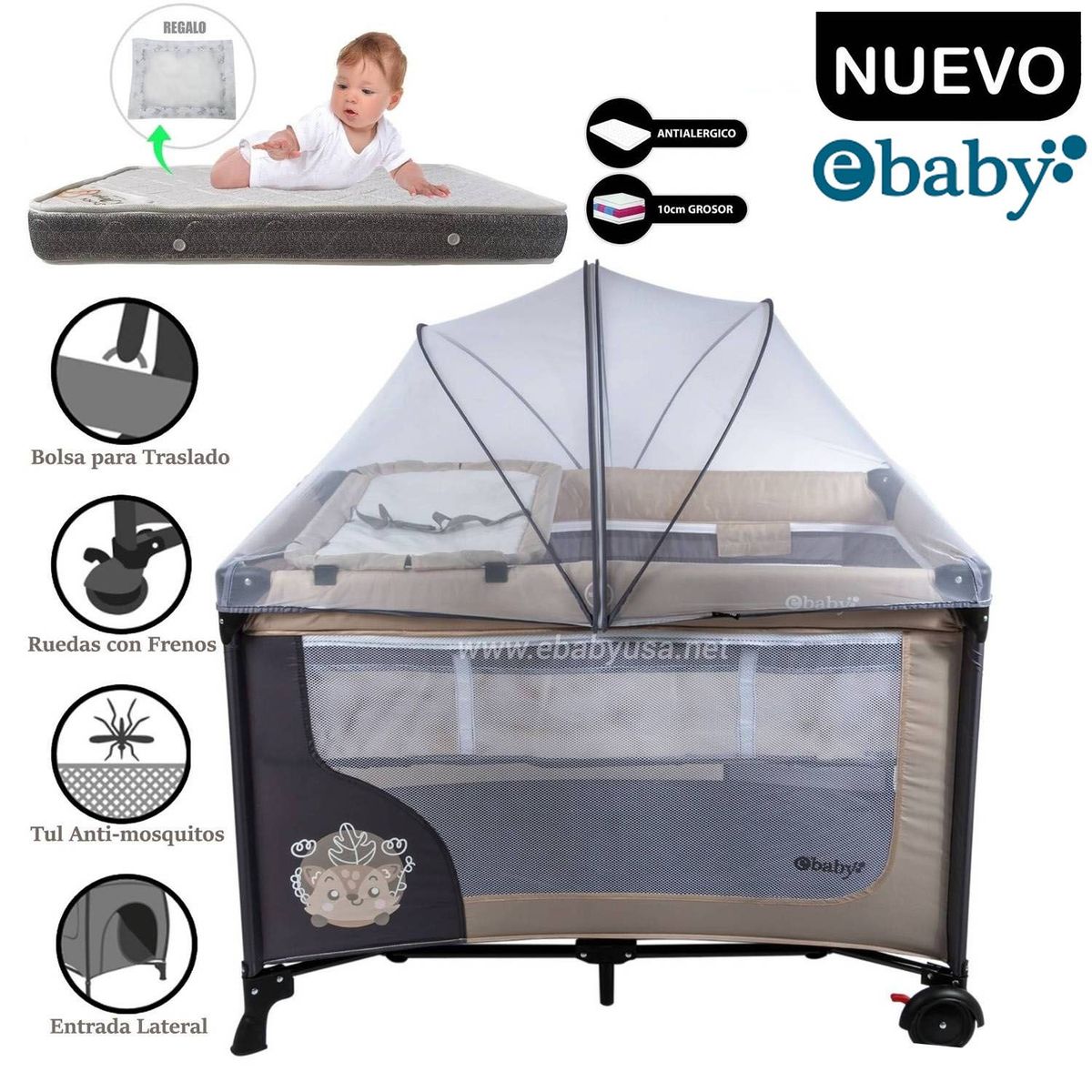 EBABY - Cuna Corral Ebaby Con Cambiador Happy Dream Beige + Colchón