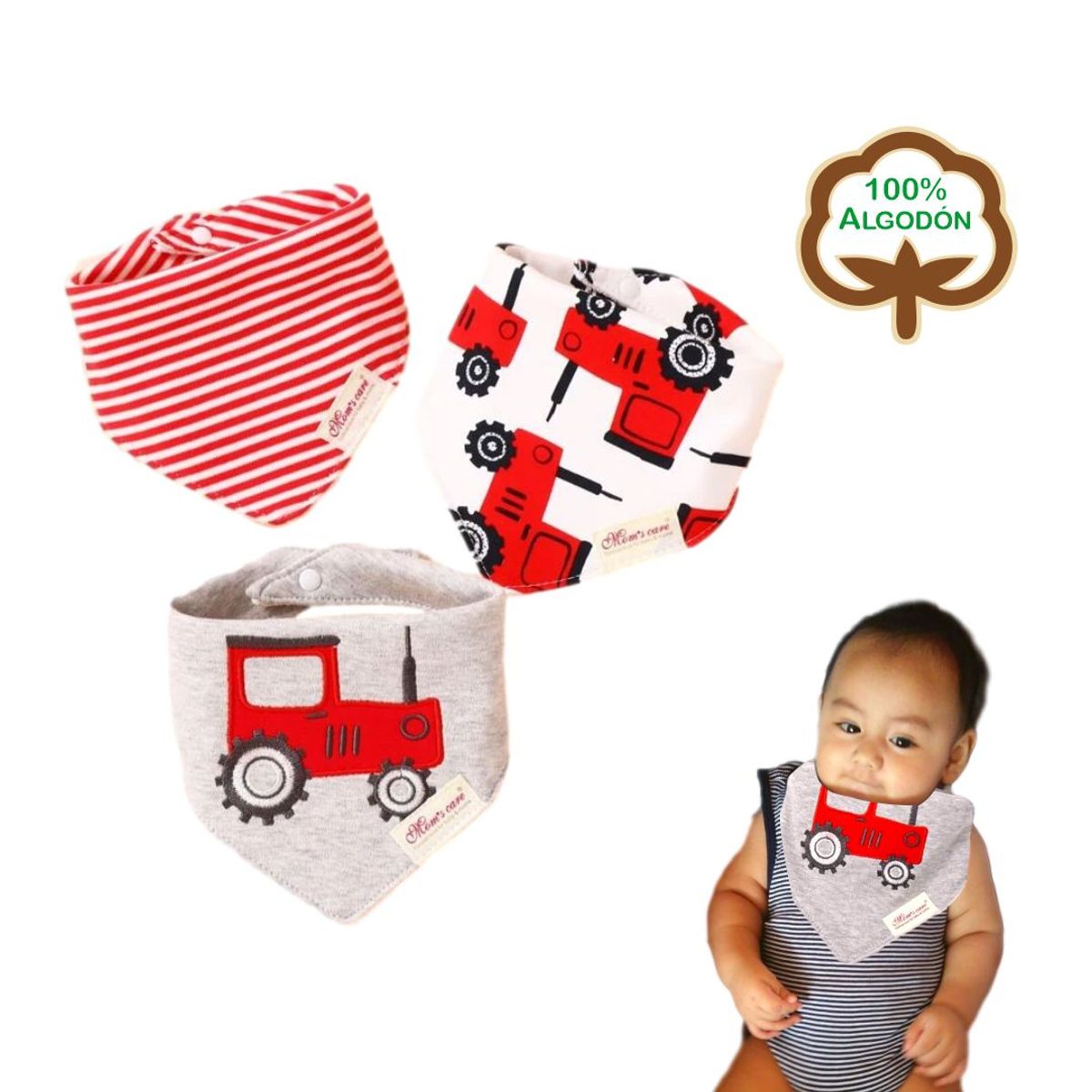 BABY - Set 3 Baberos Bandanas Absorbentes 100% Algodón - TRACTOR