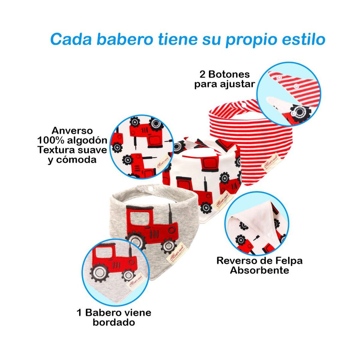 BABY - Set 3 Baberos Bandanas Absorbentes 100% Algodón - TRACTOR