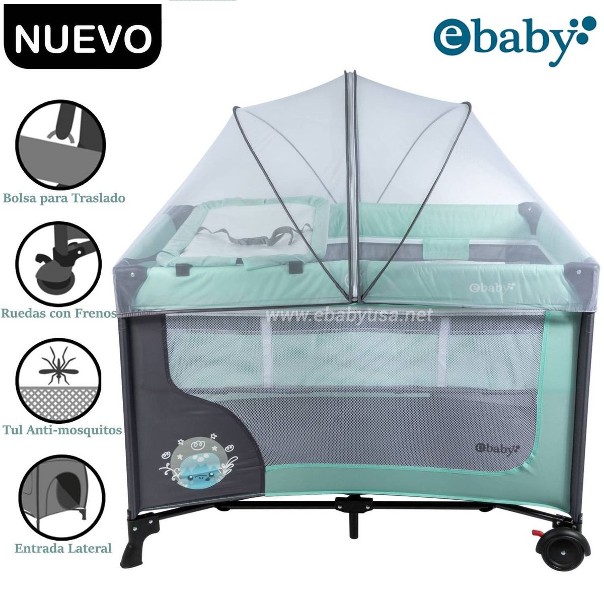 EBABY - Cuna Corral Ebaby Con Cambiador Happy Dream Verde