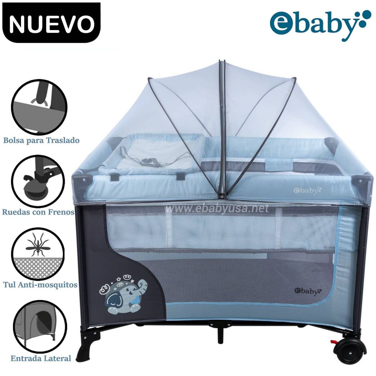 EBABY - Cuna Corral Ebaby Con Cambiador Happy Dream Celeste