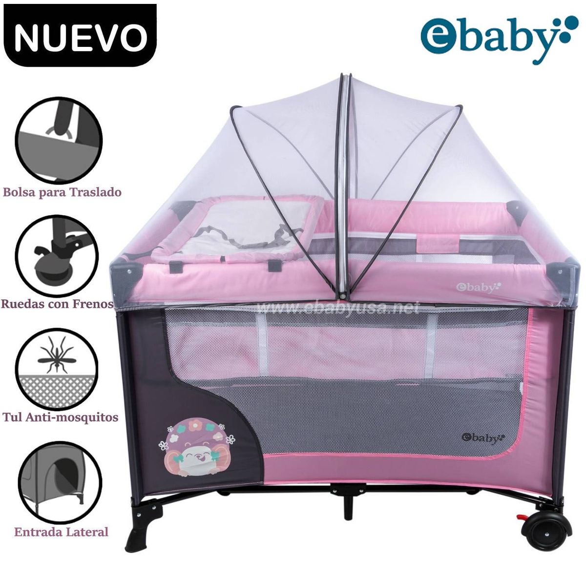 EBABY - Cuna Corral Ebaby Con Cambiador Happy Dream Rosado