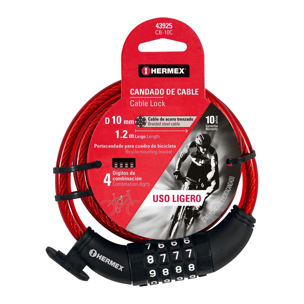 HERMEX - Candado Cadena para bicicleta Con Clave numérica, 10 mm X 1.2 mt Hermex 43925