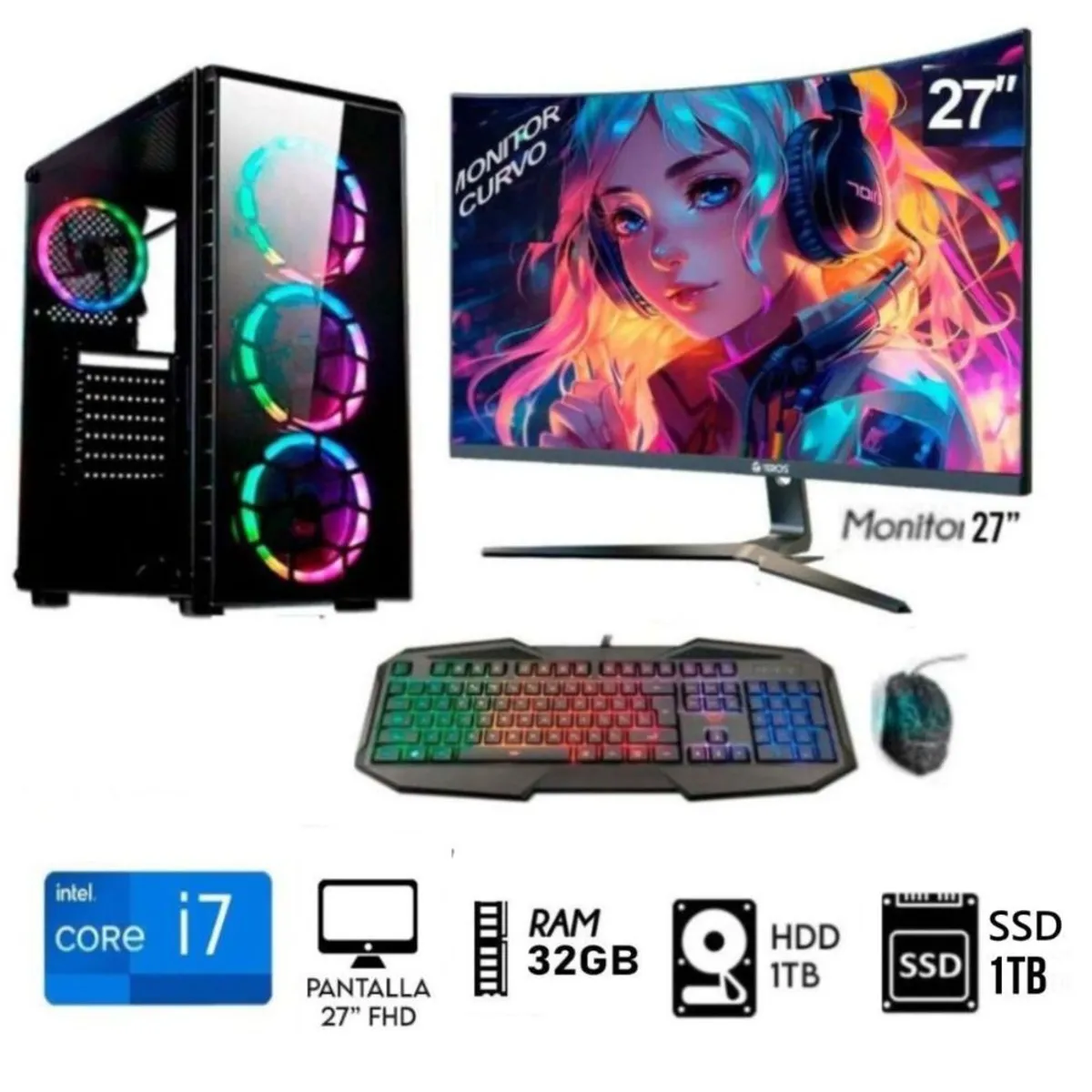 INTEL - Computadora PC CORE i7 3.2Ghz   Ram 32GB,  Disco 1TB+ SSD 1TB,  Monitor 27 FULL HD