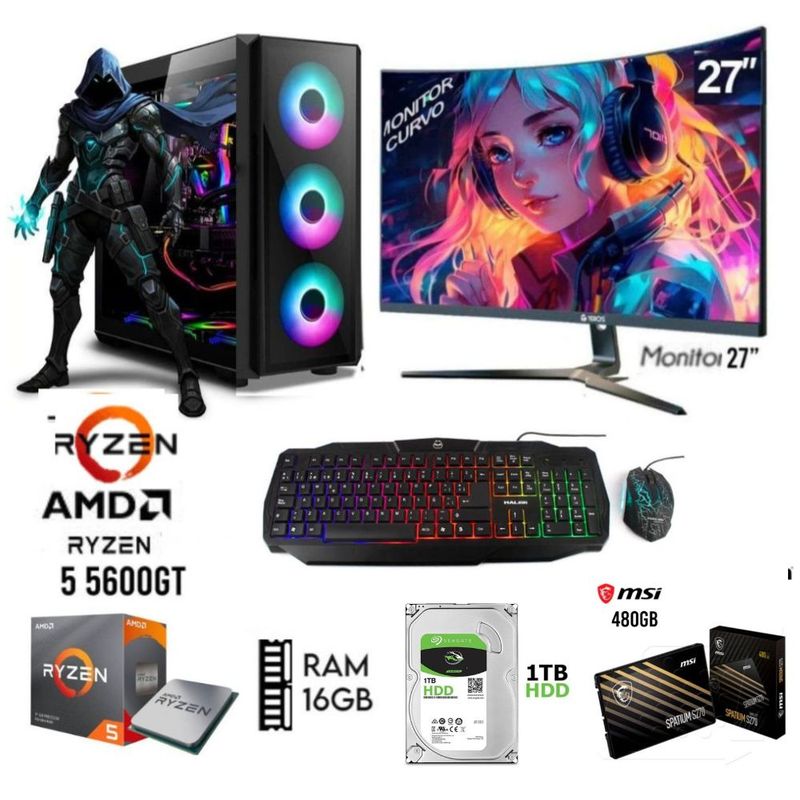 AMD - Computadora PC GAMER RYZEN 5 5600GT  RAM 16GB DISCO 1TB+SSD 480GB  MONITOR 27 FHD