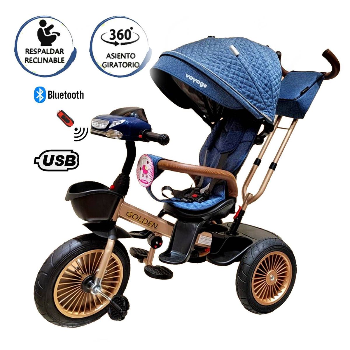 VOYAGE - Triciclo Asiento Giratorio Voyage GOLDEN con Tela UV Azul