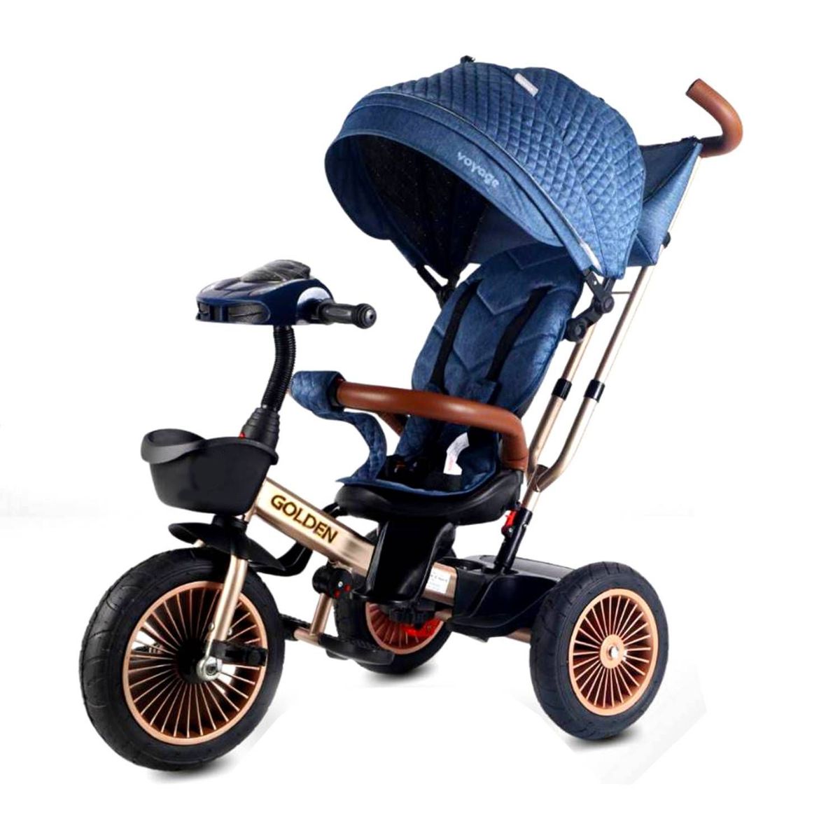 VOYAGE - Triciclo Asiento Giratorio Voyage GOLDEN con Tela UV Azul