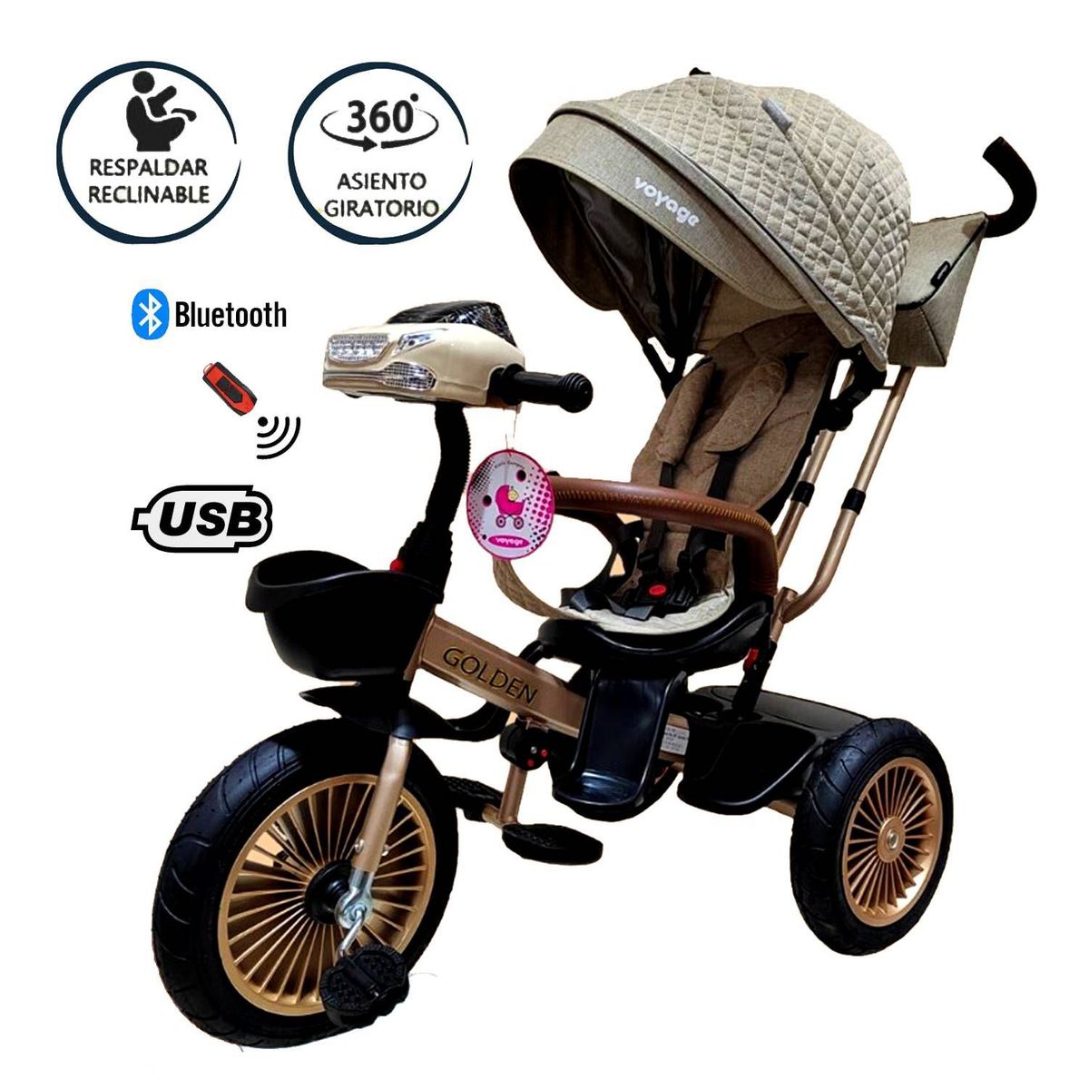 VOYAGE - Triciclo Asiento Giratorio Voyage GOLDEN con Tela UV Beige