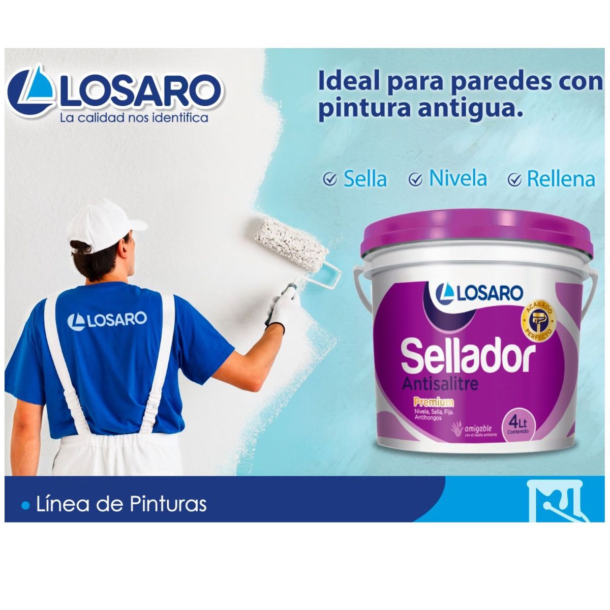 LOSARO - combo sellador de pared antisalitre 4Lt rodillo bandeja brocha 3p