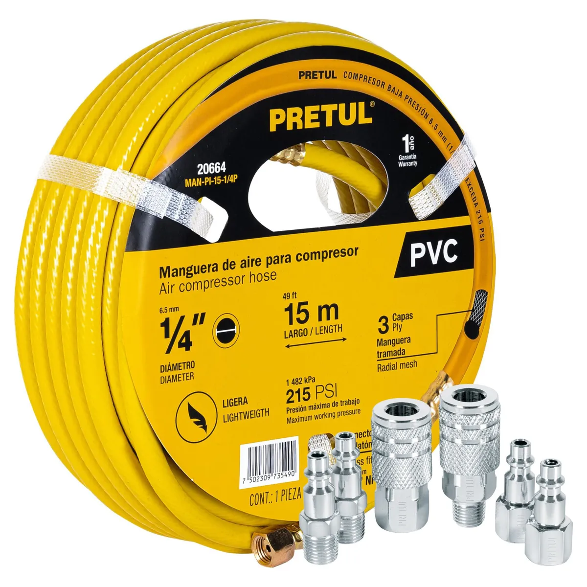 TRUPER - Kit Manguera de aire para compresor, 15m Pretul, 6 conectores rápidos.