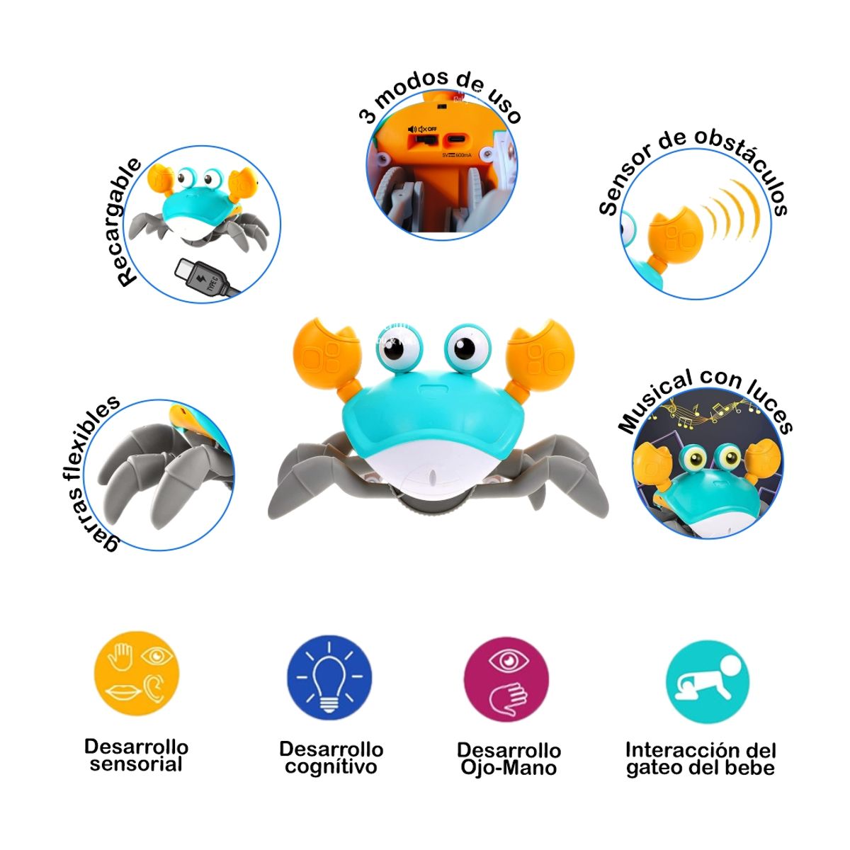 KIDS - Juguete Cangrejo Recargable con Sensor Luces y Música - Celeste